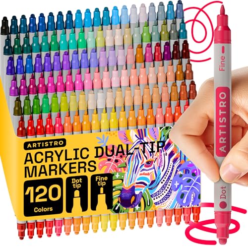 Image of ARTISTRO 120 Acrylic Paint Markers for Rock, Fabric, Wood, Glass, Eggs - Dual-Tip Paint Pens for Coloring Books for Adults, Teens, Kids - Art & Craft Supplies - Gift Idea - Easter Basket Stuffers