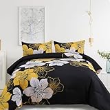Menghomeus Queen Comforter Set Black/Gold Floral Bedding Comforter Sets Soft Microfiber Bed Comforter Set for All Season, 3 Piece Botanical Flowers Comforter, Pillowcases