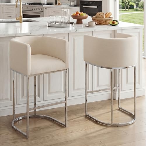 Image of HNY Modern Counter Height Linen Fabric Upholstered Counter Stool, 29 Inch Cream Kitchen Island Stool with Chrome Finish Metal Frame