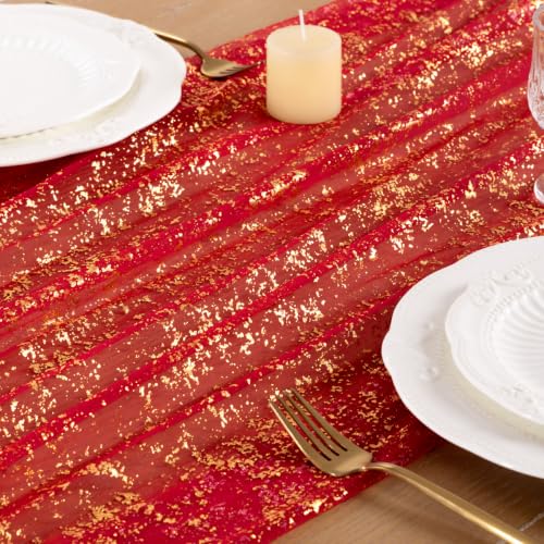 Image of Gold Glitter Table Runner Red Sheer Gauze Foil Table Runner 120 Inch