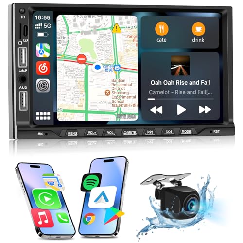NHOPEEW 2 Din Autoradio mit drahtlosem Carplay und Android Auto - 7 Zoll 2 Din Raio Unterstützung EQ FM Lenkradsteuerung 16 Benutzerschnittstellen AUX SD Doppel USB Inports + Rückfahrkamera
