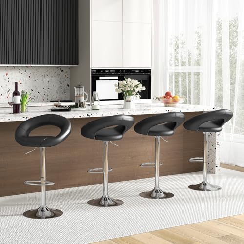 GIANTEX Juego de 4 Butacos Ajustables Giratorios con Asiento de Cuero PU Moderno para Barra de Cocina, Negro miniatura 2