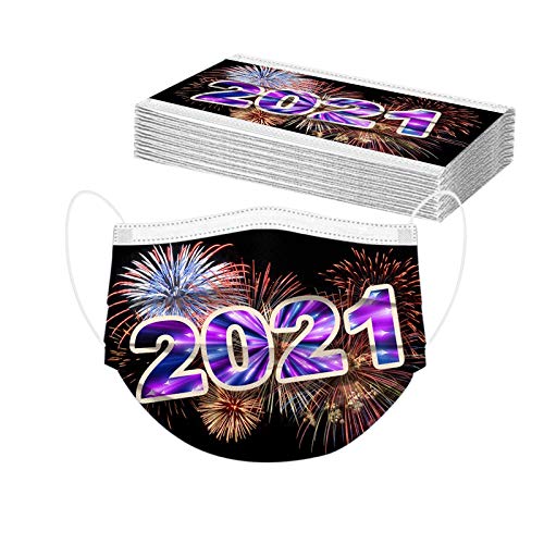 ZQP BEUU 20PCS 2021 Happy New Year Disposable Face_Covering for Adults,5-Types 3-ply Non-Woven Fabric with Elastic Earloops,Fireworks Camouflage Pattern, High Filtration and Ventilation Security