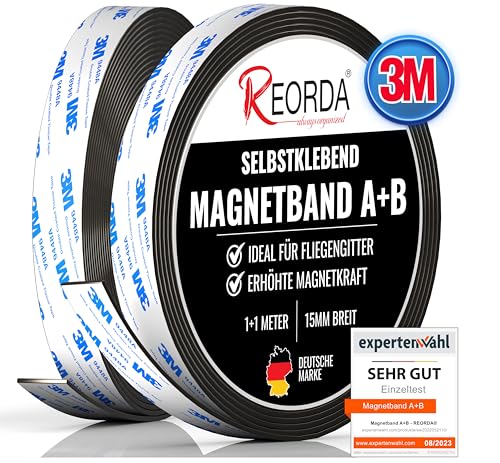 Reorda Magnetband A B - (STARKER MARKEN-KLEBER) Magnetstreifen für Fliegengitter & Moskitonetze für beste gegenseitige Anziehung - Magnetband selbstklebend