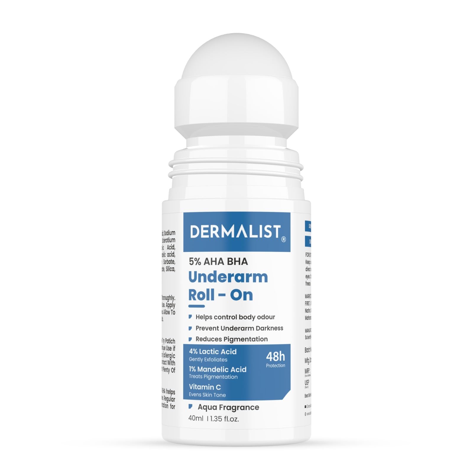 Dermalist 5% AHA BHA Underarm Roll-On | Reduces Dark Underarms, Pigmentation & Odour | Aqua Fragrance, Dermatologically Tested Deodorant for Men & Women (40 ml)-picture-51