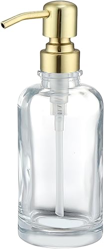 Dispensador de jabón de vidrio transparente con bomba dorada, dispensador de jabón líquido de 11 onzas cilíndrico con bomba de acero inoxidable para