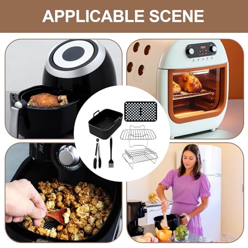 Fukamou Airfryer Zubehör, Wiederverwendbar Fritteusen Accessories, Enthalten Silikontopf, Luftfutter, Ölbürste, Ständer, Lebensmittelzange, 6 STK – Bild 6