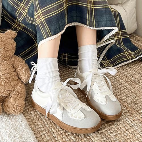 Ballet Sneakers for Woman Leather Trendy Lace Up Round Toe Ballerina Flats with Lace Detail Fancy Elegant Retro Ballet Shoes 2025 Spring Summer Daily Casual Streetwear2