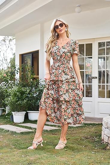 GRACE KARIN Robe d'été pour femme, col en V, manches courtes, motif floral, décontractée, robe maxi, élégante, coupe trapèze, pour plage, loisirs, vacances, mariage