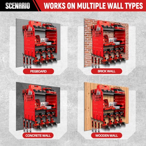Rangement pour 4 outils électriques et perceuse à percussion sur support mural rouge - 4