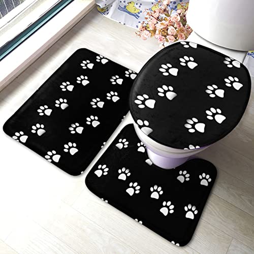 MBNGGAB Badematte + Konturmatte + Toilettendeckelbezug, Hund Pfote Drucke 3 Stück Badematten Set, mit rutschfester Klebeunterseite