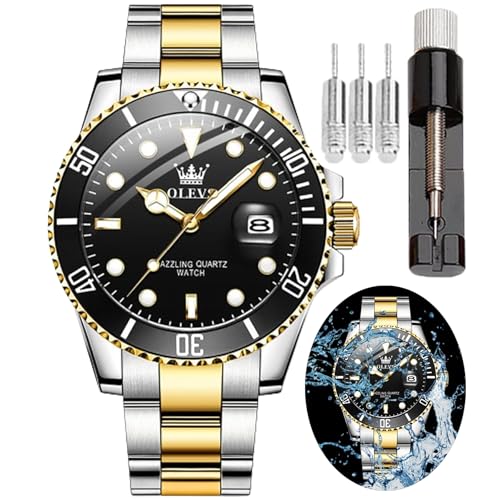 Image of OLEVS Watch for Men Diamond Business Dress Analog Quartz Stainless Steel Waterproof Luminous Date Two Tone Luxury Casual Wrist Watch