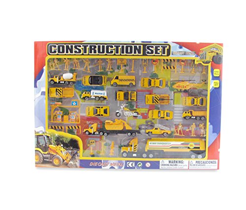Mozlly Diecast Mini Construction Crew Theme Assorted Vehicles Figures Variety Accessories for Boys Kids Children Pre-Kindergarten Toys Games 42 Piece Play Set Ideal Gift Vehicle Playsets