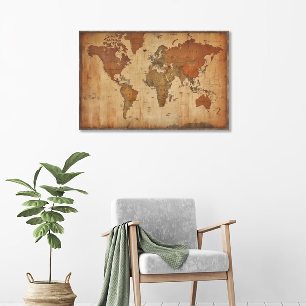 Maps Leinwand-Kunst, Weltkarte, zeitgenössisches Kunstwerk, Poster, Druck auf Leinwand, Vintage-Karte, Wandkunst für Wohnzimmer, gerahmt, fertig zum Aufhängen, 61 x 91 cm (B x H)