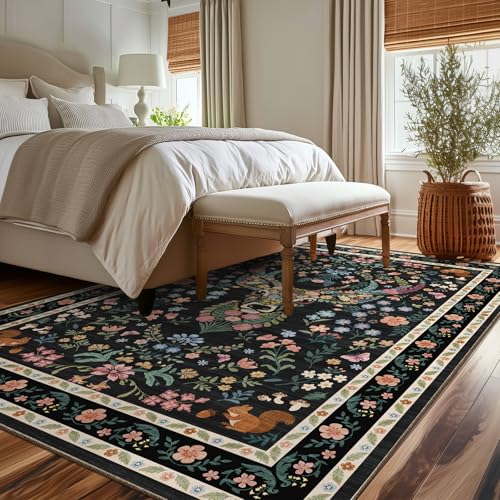 Image of Area Rug Vintage Floral Deer Pattern 5x7 - Bohemian Forest Animal Carpet with Squirrel & Butterfly, Soft Decorative Area Rug for Living Room Bedroom Home Decor