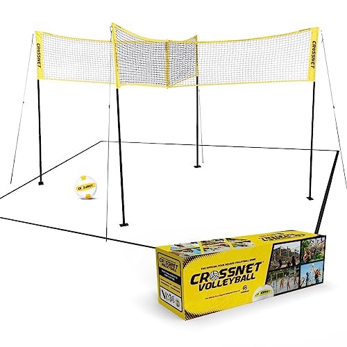 CROSSNET 4-Way Volleyball Net with Carrying Backpack & Ball - 4 Square Volleyball Game Set for Adults and Kids - Quick Assemble Outdoor Game - Backyard Yard Games