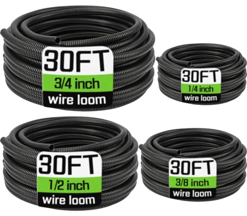 Wire Loom 1/4 3/8 1/2 3/4 Inch x 30 FT Split Wire Loom Tubing Wire Conduit Cable Sleeves Bulk Flexible Electrical Conduit Protective kit Black