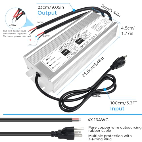 Image of LightingWill LED Driver 400 Watts Waterproof IP67 Power Supply Transformer, 90-140V AC to 24V DC Low Voltage Output, Adapter with 3-Prong Plug 3.3 Feet Cable for Outdoor Use, Computer Project
