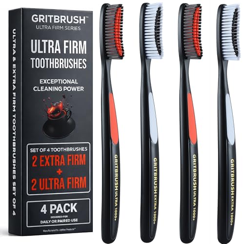 JoyMax Products GRITBRUSH Firm Toothbrushes for Adults Hard & Extra Hard Bristles Dual Stiffness Manual Toothbrush Set Deep Cleaning 4 Pack