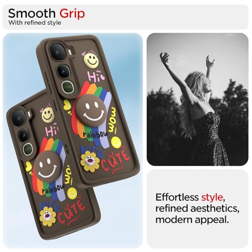 Image of Pikkme Back Cover for Vivo Y400 Pro 5G | Soft Silicone| Cute Rainbow Smile & 3D Cartoon Flower Design | Shockproof Raised Camera Protection Bumper Case (Brown)
