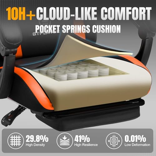 Image of GTPLAYER Gaming Chair with Pocket Spring Cushion, Leather Office Chair with Ergonomic High Back & Lumbar Support for Back Pain Relief, Computer Game Chair for Adults, Orange