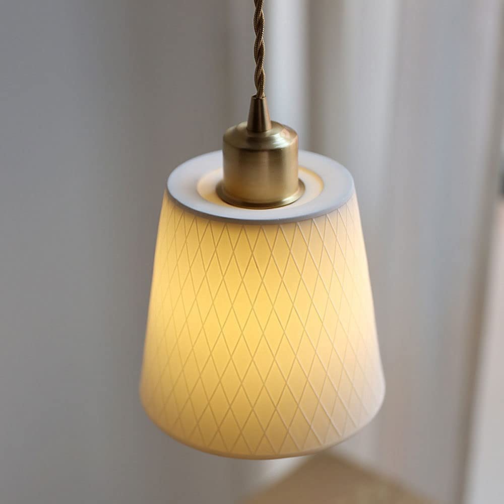 Iluminación Colgante de Material de Porcelana Blanca Simple de Estilo Japonés, Mini Candelabro con Patrón de Cuadrícula, Lámpara Colgante de Hogar con Forma de Linterna Cilíndrica Creativa, Lámp