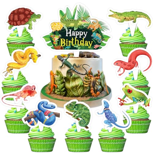 Reptile Animal Cake Topper Picks, 25 PCS Reptile Swamp Lizard Cupcake Toppers Cake Decorations Safari Wild Themed Birthday Party Supplies Favors Decor Centerpiece Table for Boys Girls Carnival Prizes