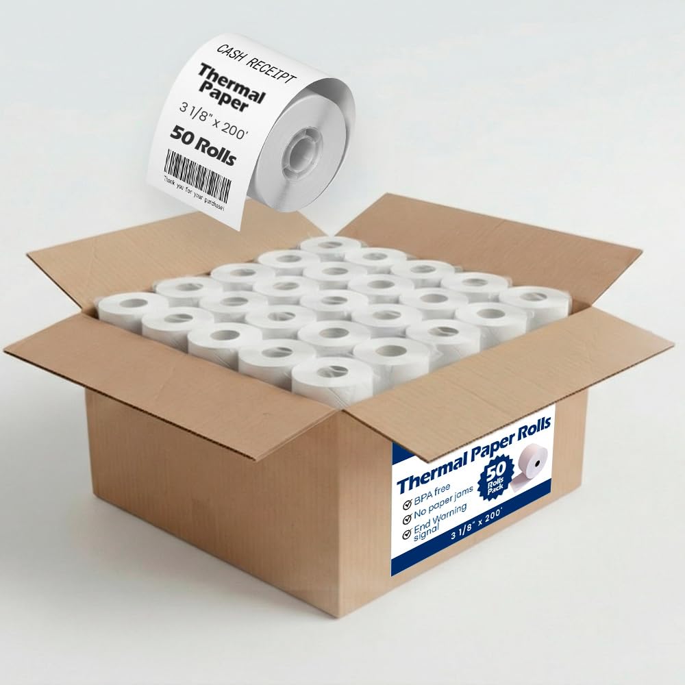 (50 Rolls) 3 1/8 x 200' Thermal Paper Rolls - BPA Free, Compatible with Credit Card Machines, POS, Epson, Clover, Verifone, Star, & More, Jam-Free, FSC Certified Receipt Paper for Thermal Printers