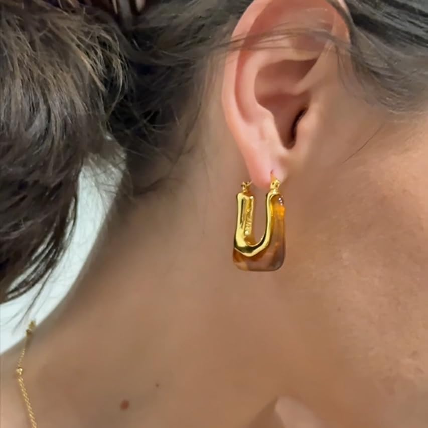 Milan Chiva 14K Gold Acrylic Rectangle Clear Earrings for Women, Plated Chunky Earrings Geometric Minimalist Statement Lightweight Huggie Dainty Hypoallergenic Hoop Earrings for Womens Jewelry - Image 2