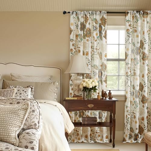 Image of Vintage Floral Curtains 96 Inches Long for Living Room Back Tab Rod Pocket 2 Panels Boho Farmhouse Colorful Leaf Flower Patterned Linen Drapes Light Filtering Privacy Bedroom Dining Room Decor 52x96