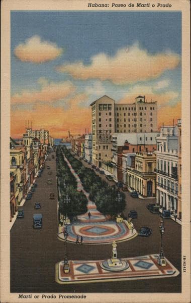 Paseo de Marti o Prado Havana, Cuba Original Antique Postcard 1951
