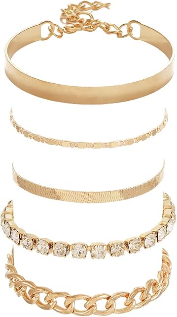 Branets Boho Crystal Bracelets Set Gold Sequins Bracelet Rhinestone Chunky Flat Cable Chain Punk Bangles Jewelry for Women and Girls Gift (5 pcs)