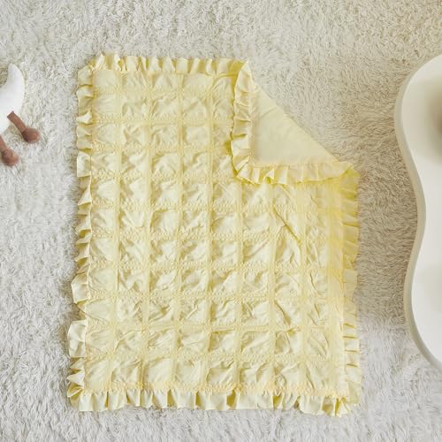 Image of Ruffled Crib Bedding Set Baby Boho Quilted Comforter with Fitted Sheet and Bed Skirt - Cute Soft Breathable Seersucker Ruffled Shabby Chic Bedding Soft Blanket Design - Yellow