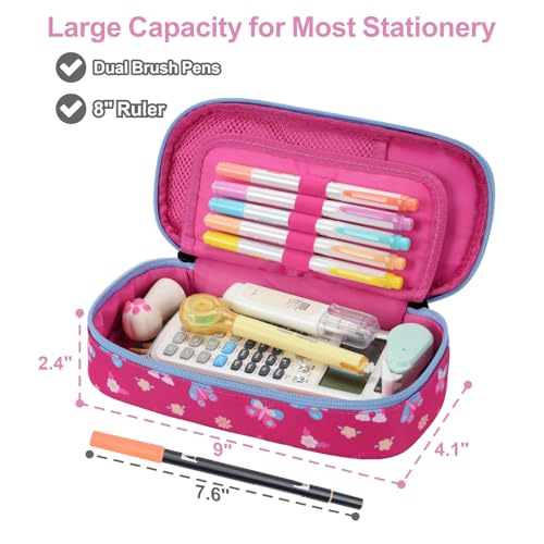 Image of Cute Kids Pencil Case - Girls Pen Pouch Large School Organizer | Pen Bag & Smooth Zipper, Multi-Slot Storage, Mesh Pocket, 900D Water Resistent, Giftable School Supplies, Rose Pink Butterfly