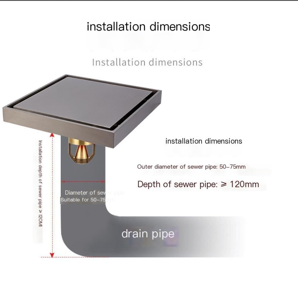 Scarico a Pavimento Quadrato in Acciaio Inossidabile, Doccia | Nucleo di sospensione magnetico, guarnizione profonda 120 mm, grande flusso, inserto(Black)