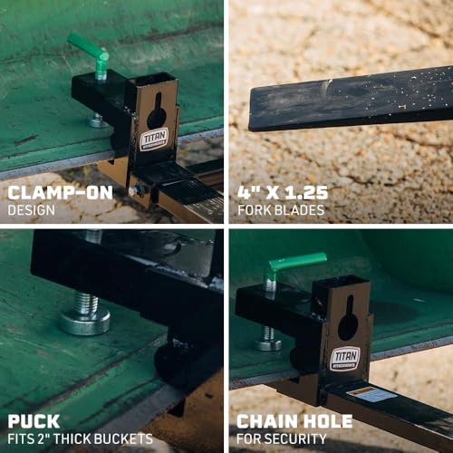 Image of Titan Attachments Heavy-Duty 60 inch Clamp-On Pallet Forks with Adjustable Stabilizer Bar, 47 inch x 4 inch Blade Length, Rated 6000 LB, Easy to Install on Loader or Skid Steer Bucket