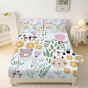 Cat Sheets Set: Floral Cat Bedding Set Full/Queen Size for Girls Teens Women Bedroom Flower Bed - 1 Flat Sheet, 1 Fitted Sheet, 2 Pillowcases Animals 17 Full/Queen