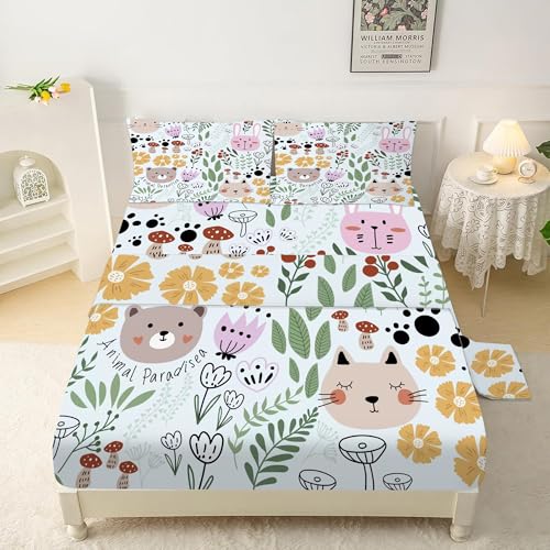 Cat Sheets Set Twin: Green Cartoon Floral Animals Bedding Set for Kids Girls Teens Bedroom Bed - 1 Flat Sheet, 1 Fitted Sheet, 1 Pillowcase Animals 17