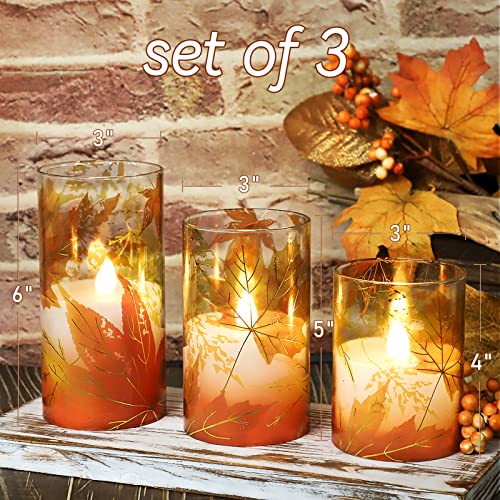Image of Fall Decor Flameless Candles, Battery Operated with Remote, Maple Leave Glass LED Flickering Candles Realistic Pillar Candles with Timer Home Decor Candles for Thanksgiving, Fall, Halloween