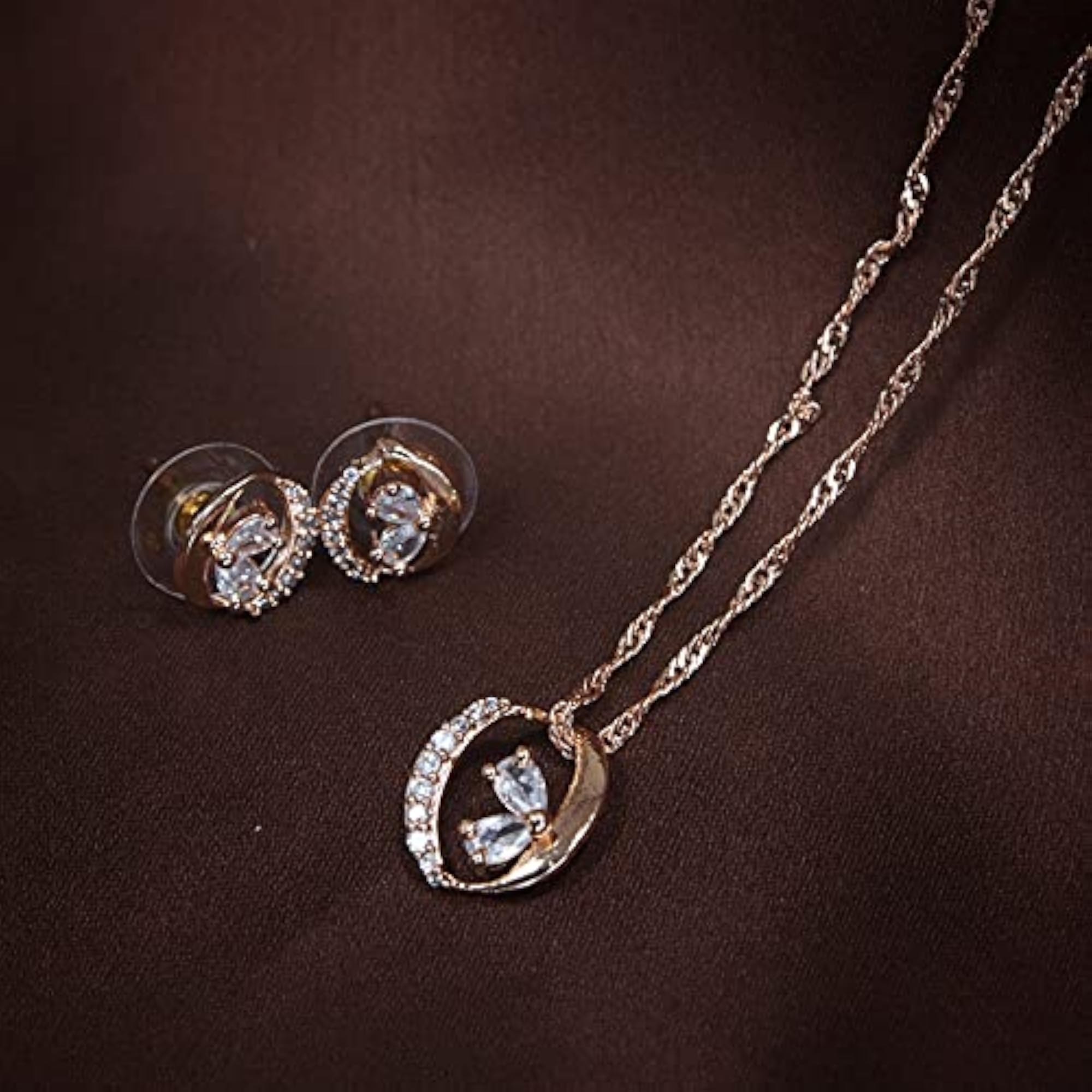 Rose Plated CZ Zircon Chain Pendent Necklace Set for Women