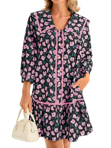 Wenrine Womens Casual Shirt Dresses 3/4 Long Sleeve Floral Button Down Flowy Babydoll Fall Mini Dress