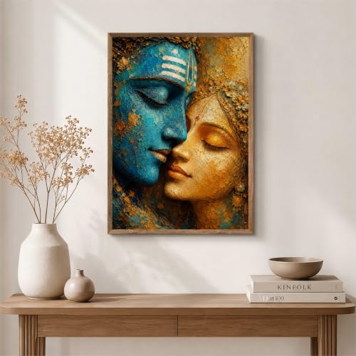 Image of Livin'luxe Radha Krishna Face Wall Painting for Living Room Bedroom Hall Office Decor, Divine Love Artwork with Sparkle Laminate and Premium Wooden Synthetic Frame (19.5 x 25.5 Inch) NL01-4109