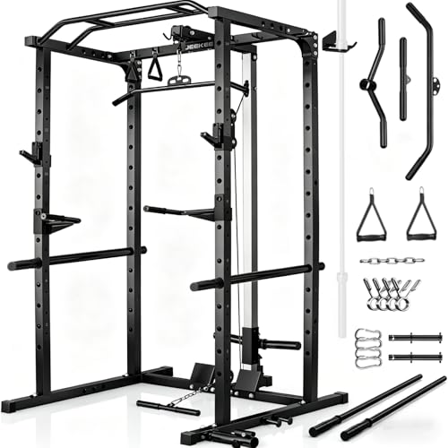 JEEKEE Power Rack with LAT Pulldown, 2000LBS Power Cage with Cable System, Multi-Function Squat Rack with J-Hooks, Safety Bars, Landmine, Pull Up Bar & Attachments for Home Gym Strength Training,Black