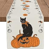 WHOMEAF Halloween Black Cat Table Runner Jack-O-Lantern Fall Orange Pumpkin Burlap Autumn Seasonal T
