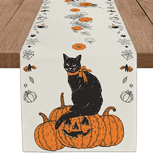 Whomeaf Halloween Black Cat Table Runner Jack-O-Lantern Fall Orange Pumpkin Burlap Autumn Seasonal Table Runners Kitchen Dining Table Center Decor For Home Party Fireplace In/Outdoor(13X72 In) #TOP10