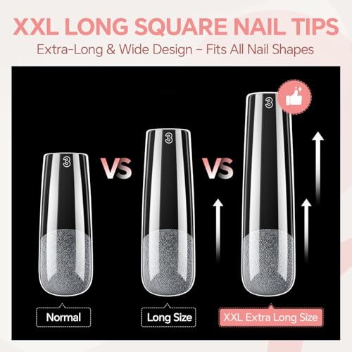 Image of Luckyfairy XXL No C Curve Square Flat Nail Tips, 240pcs Extra Long Straight Tapered Acrylic Gel Fake Nails, Matte Full Cover Clear Press on for Extension Manicure Home DIY 12 Sizes Gelly Tips