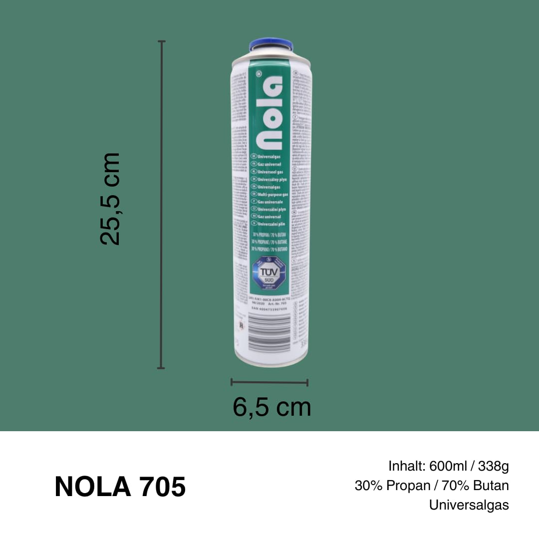 NOLA 12x 600ml (338g) Universalgas Gaskartuschen – 70% Butan / 30% Propan – Schraubventil EN417 – Campinggas für Unkrautbrenner, Lötbrenner, Gaskocher, Gasgrill & Outdoor-Einsatz – Made in Europe