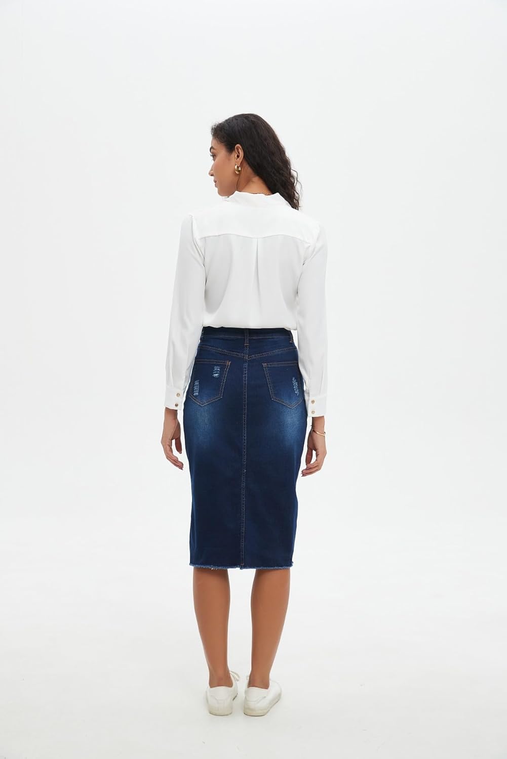 Women's Denim Skirt High Waisted Stretch Distressed Midi Skirt for Everyday Chic Y2K Style - Image 7