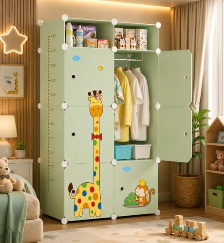 Image of 8 Door Kids Cartoon Wardrobe Storage Cabinet - DIY Modular Clothes Organizer with Hanging Cartoon Design Wardrobe with Multi for Bedroom, Living Room,Entryway