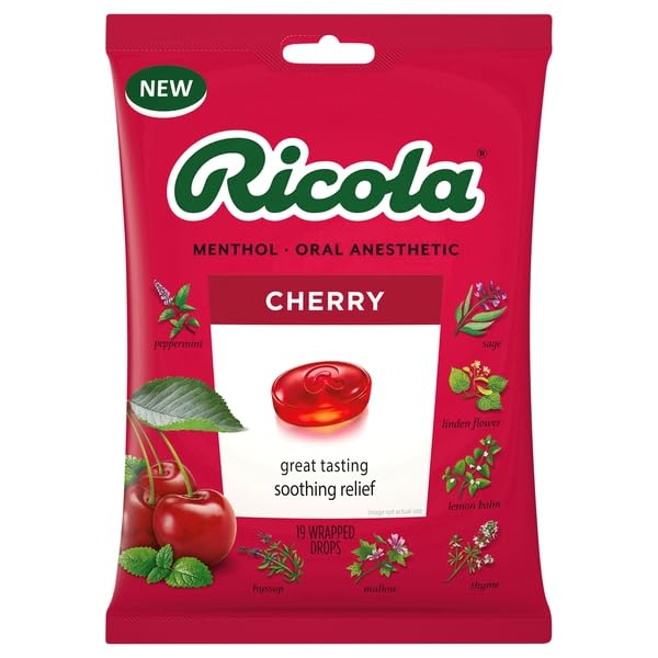 Ricola, Cherry Oral Anesthetic Wrapped Drops, 19 Count